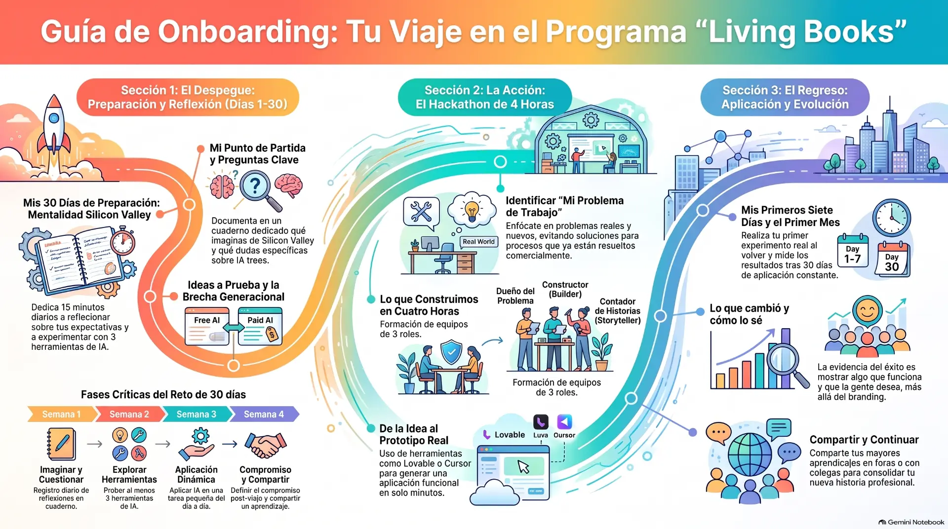 Guía visual del recorrido de onboarding del programa Living Books